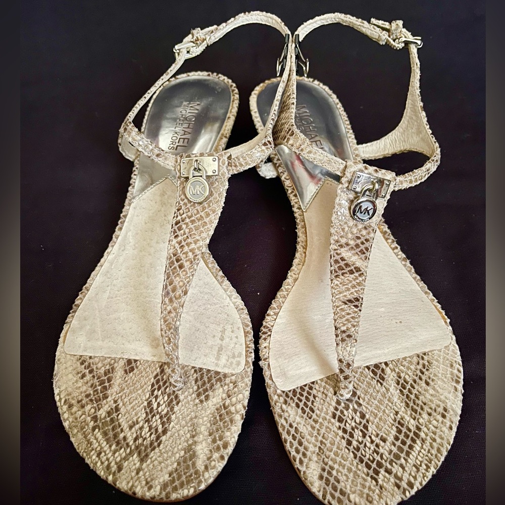 New! Michael Kors leather, snake skin, low wedge thong sandals